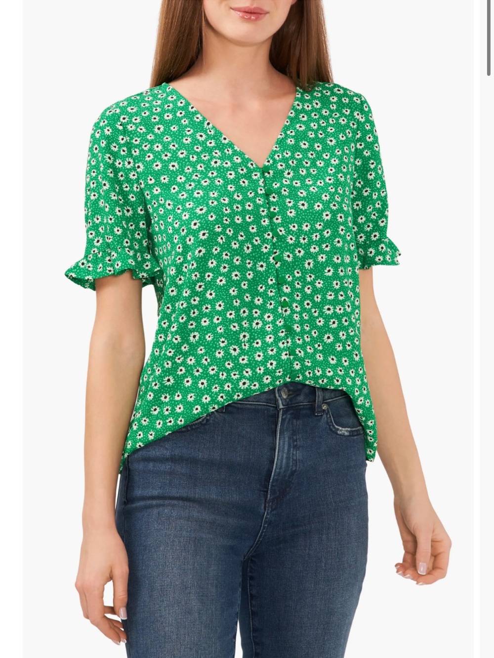 CeCe Pink Floral Button-Up Blouse with Ruffle Sleeves